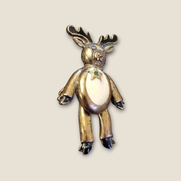 Vintage Reindeer Brooch With Rhinestone Eyes & Belly - Picture 3 of 4